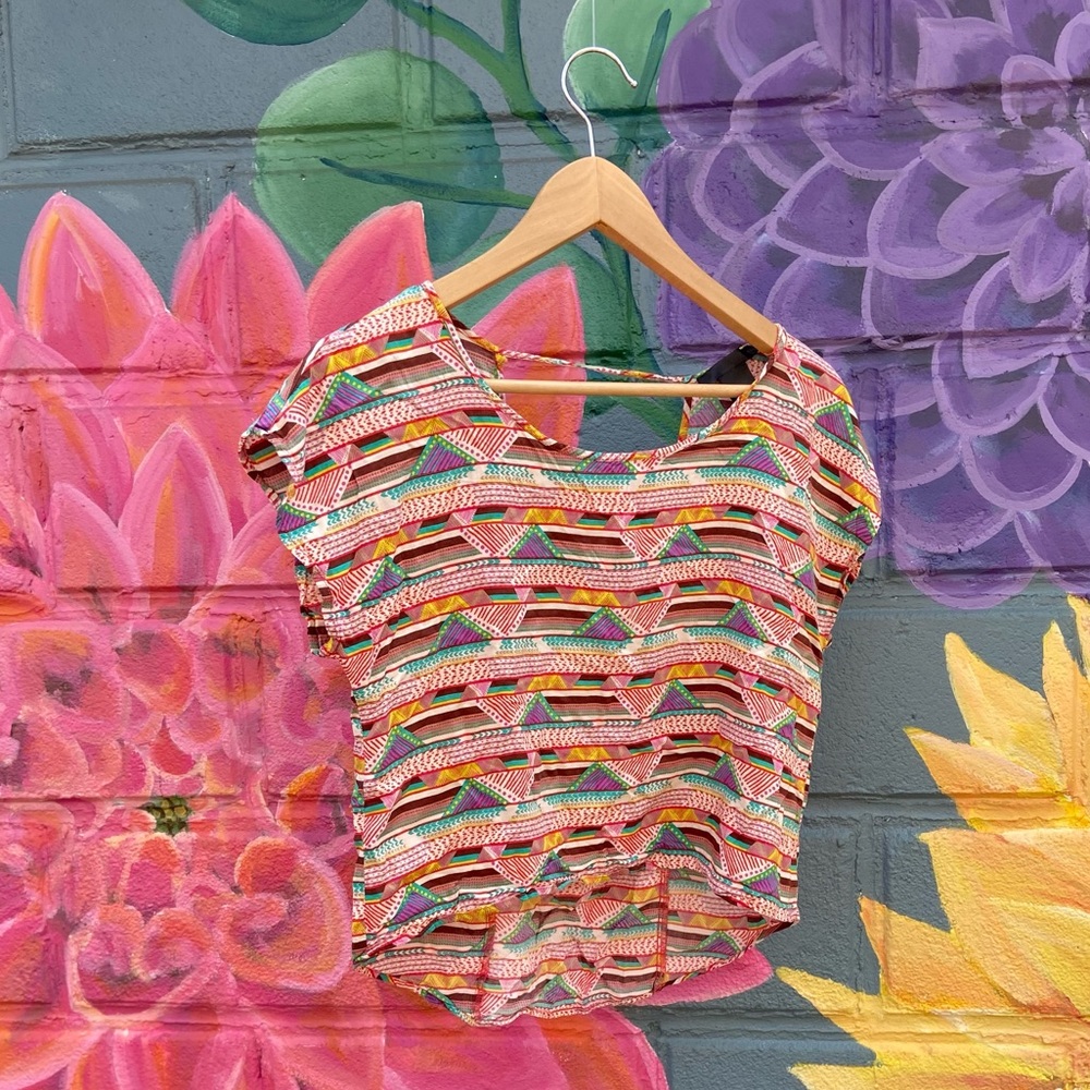 hi/lo top with multicolored pattern